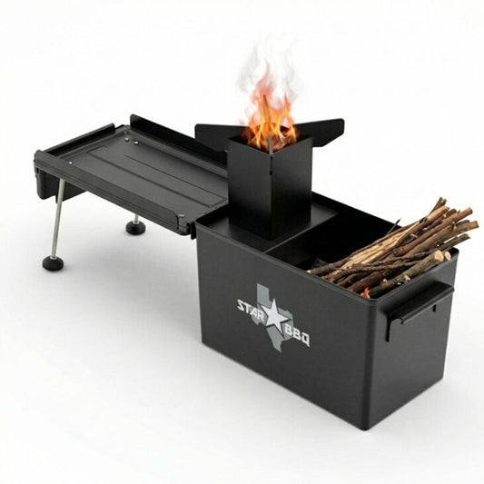 StarBBQ Portable Rocket Stove Ammo Can Camper Box, Off-Grid Twig Stove with Fold-Out Prep Table and Collapsible Chimney