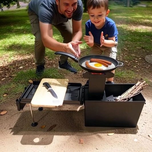 StarBBQ Rocket Stove in a Box, Portable Off-Grid Twig Stove with Prep Table and Collapsible Chimney for Camping